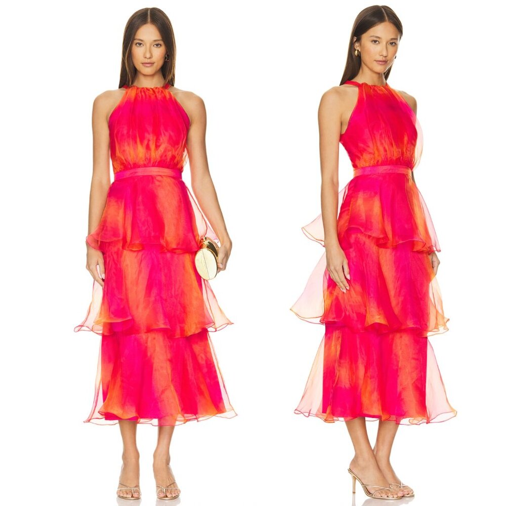 NEW YAURA Yaya Midi Dress in Sunset Print Hot Pink Formal Maxi Gown Small 8